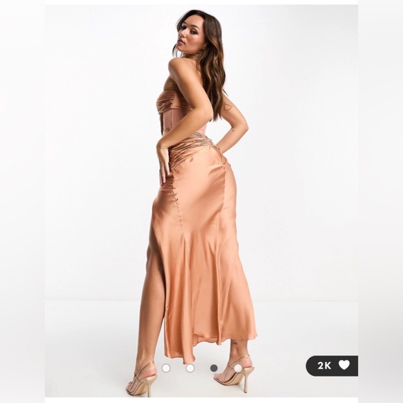 ASOS Design Maxi Dress Satin Draped  Corset Side Slit Party Formal Gown Nude NYE - Picture 4 of 6